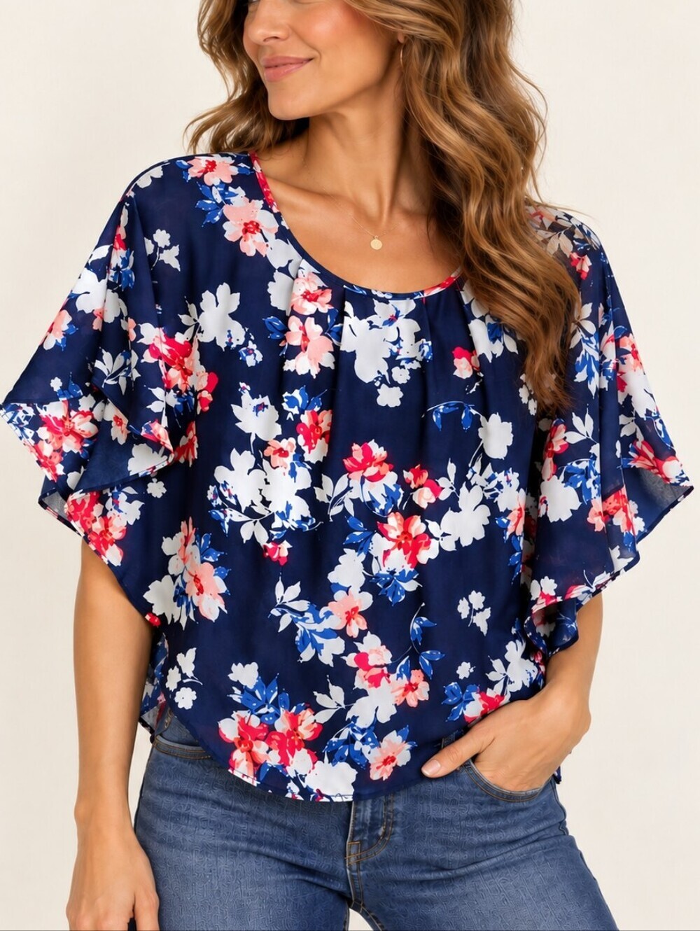 Elle Navy Floral Flutter Sleeve Blouse